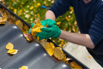 technician unclogging leaves from gutter
